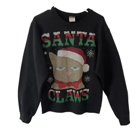 Holiday Time Ugly Christmas Men's Sweater Santa Claws Black Crewneck Size Small - Picture 2 of 7